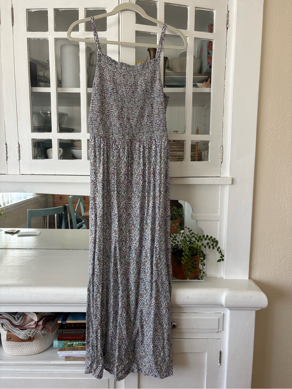 Old Navy Floral Smocked Maxi Dress - White with Pink and Green Print